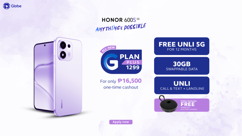HONOR 600S 5G Now at Globe for Only PHP 687.50 Per Month, with FREE Bluetooth Speaker